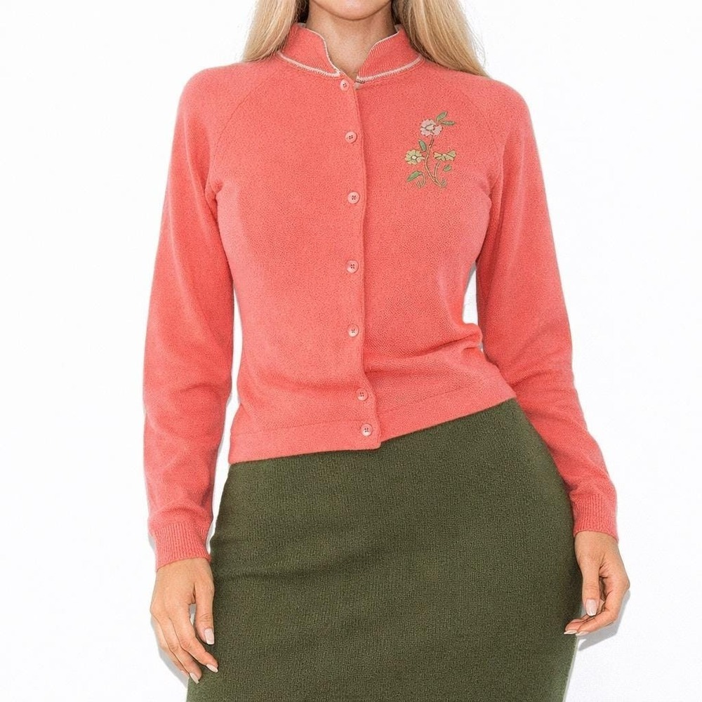 60s Vintage Talbott Pink Mandarin Collar Sweater Womens S Embroidered Knit Top 6